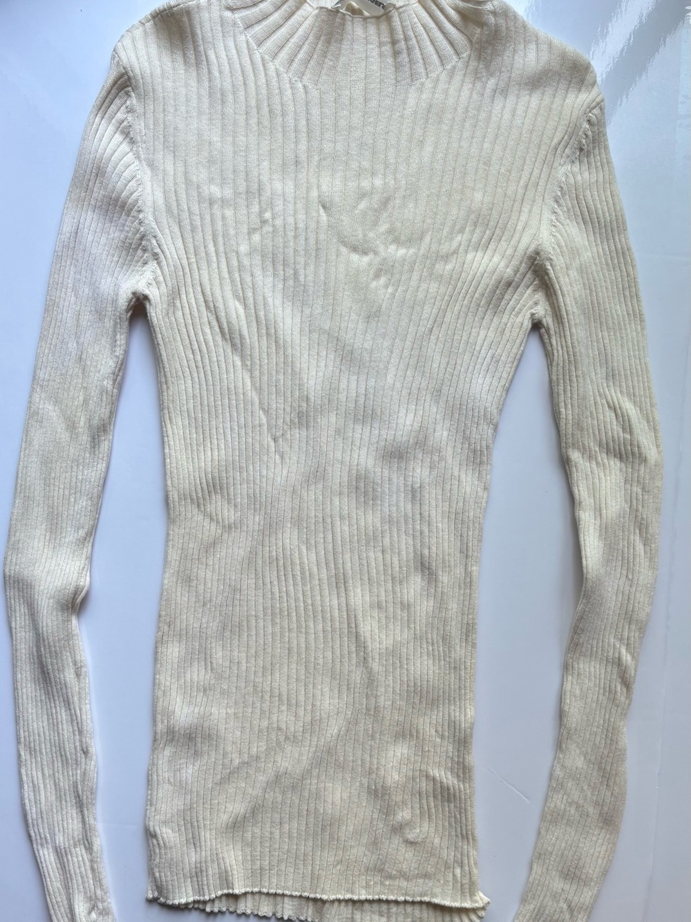 ARMEDANGELS cream ribbed mock neck knit fitted top long sleeve sustainable white